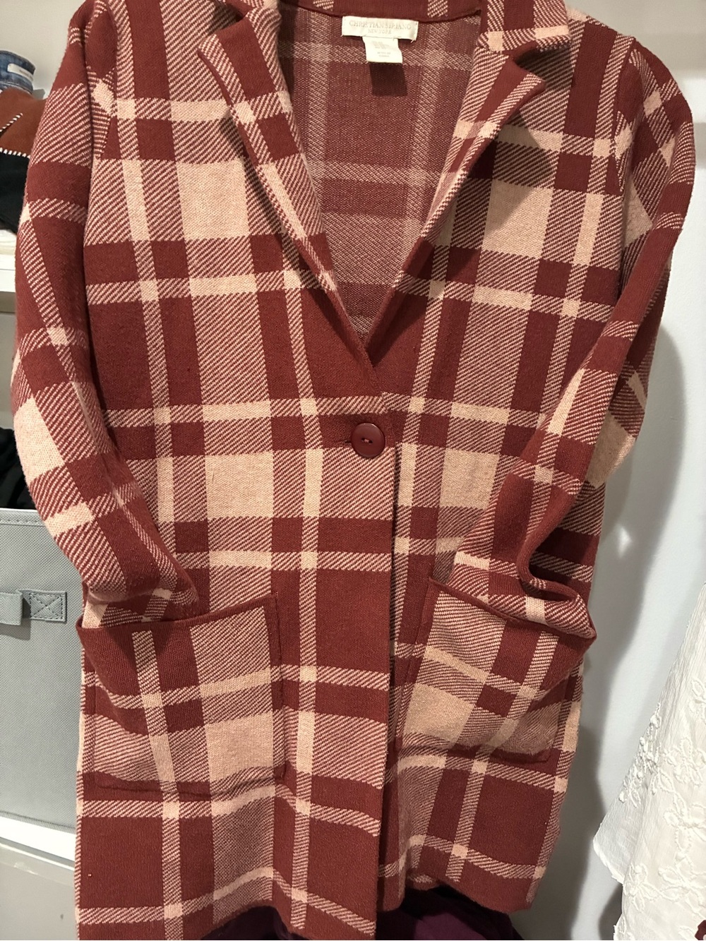 Christian Siriano Plaid Single-Button Trench Coat in Rose and Cream